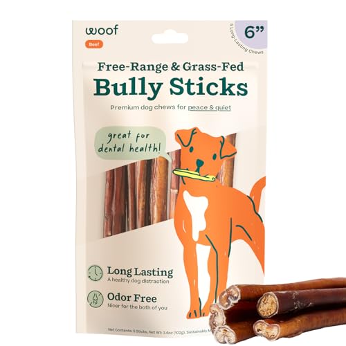 WOOF Bully Sticks - Chew Sticks for Dogs - Long-Lasting Dog Products - Made with Free-Range, Grass-Fed Beef - 6" Sticks - 5pk - 6 Inch (Pack of 5)