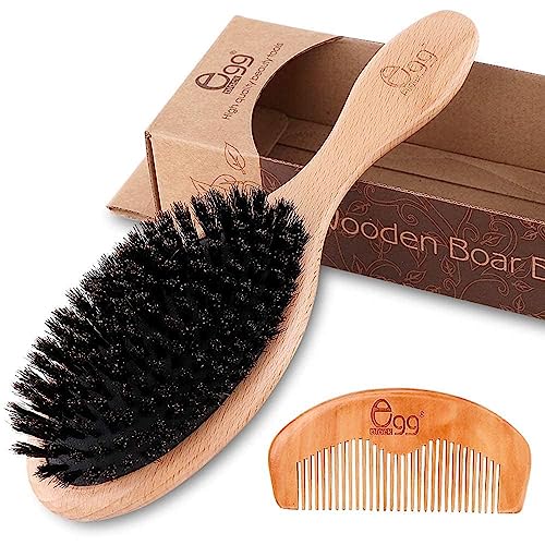 BLACK EGG Boar Bristle Hair Brush for Women Men Kid, Soft Natural Bristles Brush for Thin and Fine Hair, Restore Shine and Texture, Set includes Bamboo comb and 3 hair ties - BLACK