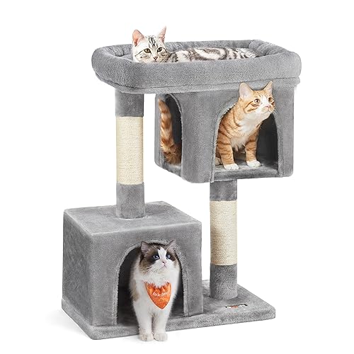 Feandrea Cat Tree, 33.1-Inch Cat Tower, L, Cat Condo for Large Cats up to 16 lb, Large Cat Perch, 2 Cat Caves, Scratching Post, Light Gray UPCT61W - L (23.6"L x 15.7"W x 33.1"H) - Light Gray