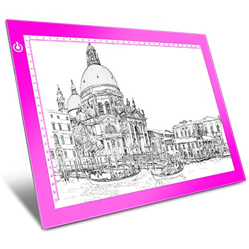 Pink A4 Dimmable LED Artcraft Light Box Tracer Slim Light Pad Portable Tablet, USB Power Cable Copy Drawing Board Tracing Table for Artists Designing, Animation, Sketching, Stenciling X-ray Viewing - Pink