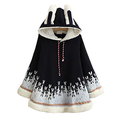 Winter Cape Hoodie Cute Bunny Cotton Hooded Girls Outerwear - One Size - Dark Blue