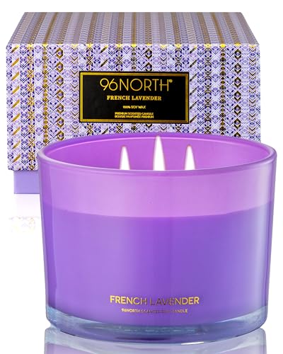 96NORTH Luxury Lavender Soy Candle | Large 3 Wick Jar Candle | Up to 50 Hours Burning Time | 100% Natural Soy Wax | Relaxing Aromatherapy | Housewarming Gift for Women and Men - French Lavender