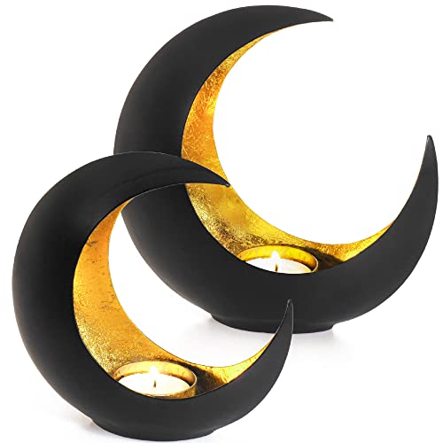 Gadgy Candle Holder Set of 2 | Oriental Decoration with Shadow Effect | Candle Decoration | Tealight Candle Holders for Living Room | Black and Gold Design Candles & Holders | Table Candle Holder x2 - Moon