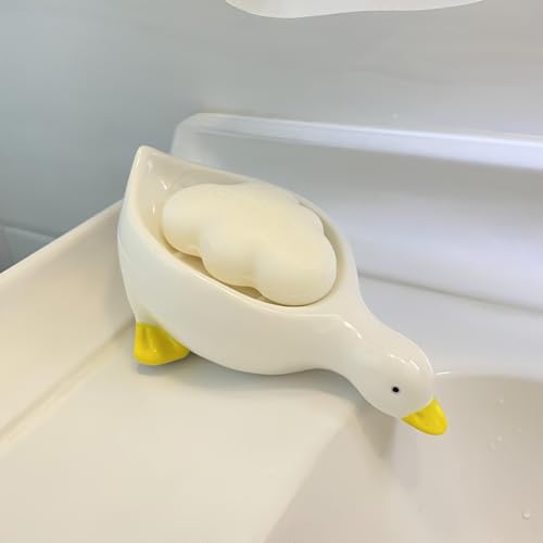 Ceramic Cute Duck Soap Dish, Self Draining Soap Holder for Shower Bathroom Bathtub Kitchen Sink Ceramic Tray Holder - White