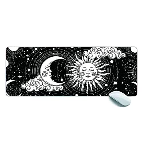 MSHAJ Moon and Sun Black and White Gaming Mouse Pad XL,Extended Large Mouse Mat Desk Pad 31.5x11.8x0.12IN,Stitched Edges Non Slip Mousepad for Computer,Office,Keyboard and Laptop - White
