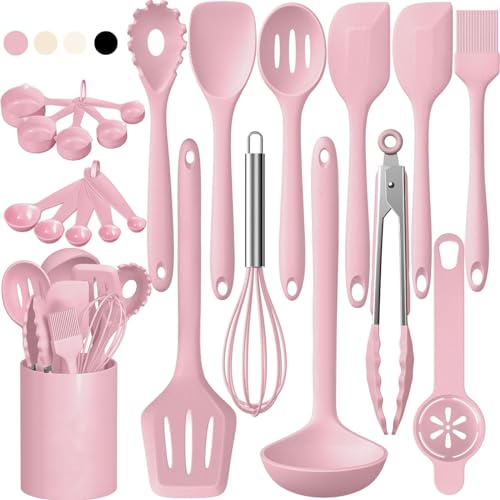 MIBOTE 17 Pcs Silicone Cooking Kitchen Utensils Set with Holder, Wooden Handles BPA Free Silicone Turner Tongs Spatula Spoon Kitchen Gadgets Utensil Set for Nonstick Cookware (Pinky) - Pinky