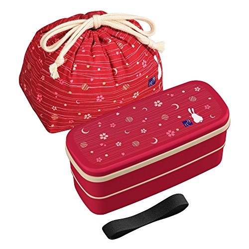OSK PW-28C Moonflower Lunch Box, Polypropylene, Red - 2-tier lunch box with drawstring