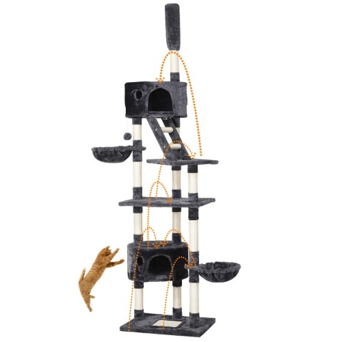 Yaheetech Cat Tree Floor to Ceiling Cat Tree 228-255cm Height Adjustable Tall Cat Tower Cat Scratching Post with Condos Baskets and Ladder, Dark Grey