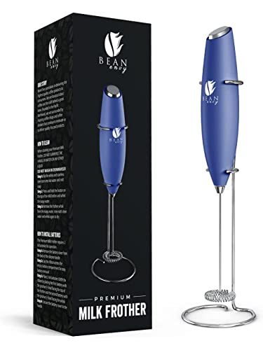 Bean Envy Handheld Milk Frother for Coffee - Electric Hand Blender, Mini Drink Mixer Whisk & Coffee Foamer Wand w/Stand for Lattes, Matcha and Hot Chocolate - Kitchen Gifts - Blue - Blue