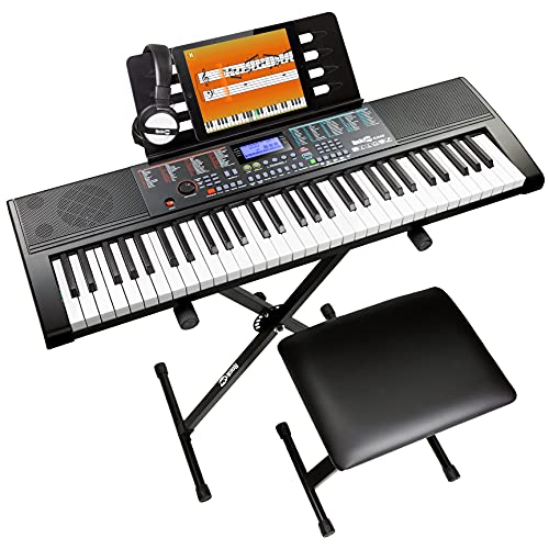 Rockjam 61-Key Keyboard Piano Kit with Keyboard Stand, Piano Bench, Headphones, Piano Note Stickers & Lessons, RJ660-SK, Black - 2022 61 Key Keyboard Kit