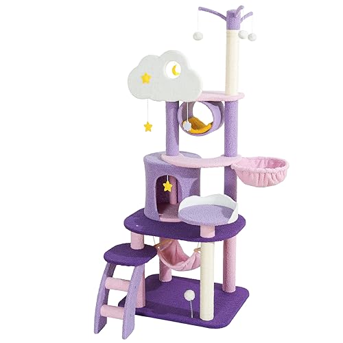 Lucky Monet Cute Cat Tree 65 Inches, Purple Cloud Cat Tree Tower for Large Indoor Cats, Tall Pink Cat Tree with Scratching Post Hammock Condo Pompom Ball Toy - 65 Inch Cat Tree