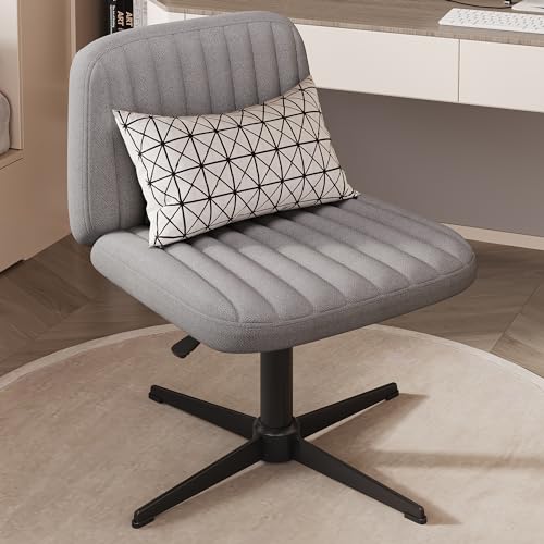 Armless Criss Cross Chair,Cross Legged Office Chair with Pillow Home Office Desk Chair No Wheels Computer Chair Vanity Chair for Makeup Room, Living Room Chairs (Grey+Black Base) - Grey+black Base