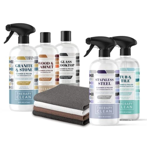 Therapy Clean - Kitchen Cleaner Kit | Kitchen, Stainless, Granite, Tub & Tile Cooktop and Wood With Premium Microfiber Cloths