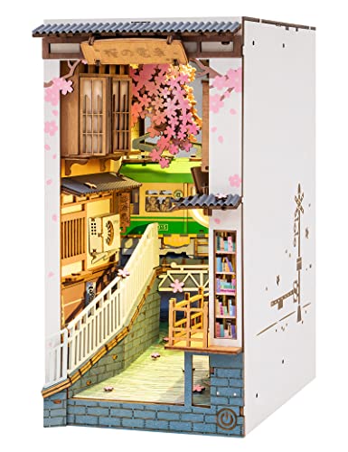 Rolife DIY Book Nook Kit 3D Wooden Puzzle, Bookshelf Insert Decor with LED DIY Bookend Diorama Miniature Kit Crafts Hobbies Gifts for Adults/Teens (Sakura Densya) - Sakura Tramcar