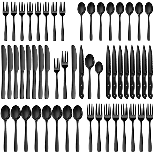 48 Pcs Black Silverware Set, NETANY Black Flatware Set, Food-Grade Stainless Steel Cutlery Set for 8, Tableware Eating Utensils, Mirror Finished, Dishwasher Safe - 48