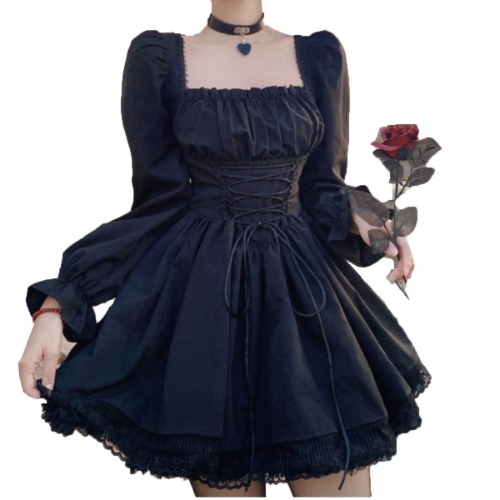 ワンピース ロリータ Lolita ロリータ服 衣装 洋服 レディース ゴスロリ プリンセス お嬢様 ドレス 森ガール ゴシック フリル Aライン 膝丈 チュニック レース プリーツ リボン コスプレ 可愛い パーディー