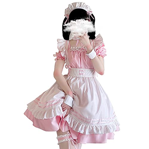 ANONIE メイド服 コスプレ仮装 初心者 セット かわいい コスチューム ホワイト+ブラック 豪華セット (pink, 2XL)