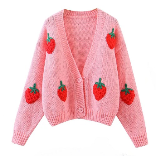 Strawberry Sweater,Kawaii Strawberry Cardigan,Y2K Crochet Knit Cardigan,Embroidery Knit Cardigan