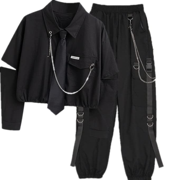 ゴスロリ ツーピース 白黒 ショート丈シャツ パンツ 黒ネクタイ付き チェーン バックルストラップ ストリート系 クール 病み可愛い 原宿系 JK ゴスロリ 原宿系 10代 20代 病みかわいい服 春 秋 夏