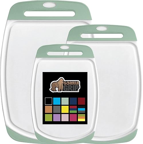 The Original Gorilla Grip Oversized 100% BPA Free Reversible Durable Kitchen Cutting Board Set of 3, Juice Grooves, Dishwasher Safe, Easy Grip Handle Border, Food Chopping Boards, Cooking, Mint - Large (Pack of 3) - Mint/White