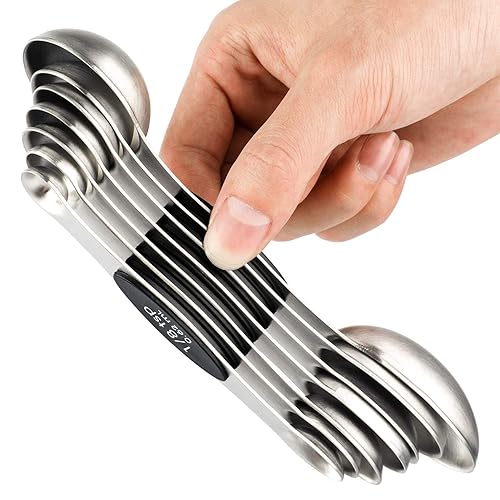 Magnetic Measuring Spoons Set of 7 Stainless Steel Dual Sided Teaspoon Tablespoon for Measuring Dry and Liquid Ingredients - Black
