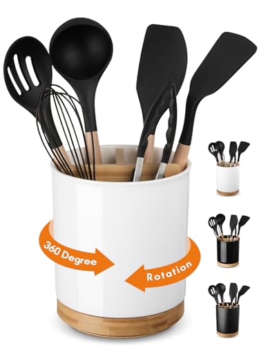 LoeJan 3 Compartment Utensil Holder, 7.2” Extra Large Utensil Crock, Stable Ceramic Utensil Organizer, Cooking Tool Organizer Set for Kitchen Counter Farmhouse Decor (White (Grossy)) - White (Grossy)