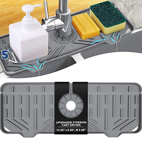 Silicone Faucet Handle Drip Catcher Tray Mat, Silicone Faucet Mat Dish Soap Sponge Holder for Kitchen Sink Accessories Gadgets, Drying Mat for Kitchen Counter Bathroom Kitchen Sink Splash Guard -Grey - Grey(1Pack): 14.25"x5.35"