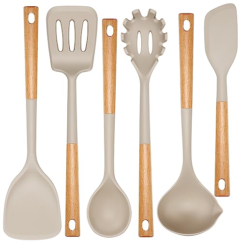 NCUE Kitchen Utensils Set, Large Non-stick Silicone Cooking Utensils Set 6 Pcs, Wooden Handle Heat Resistance Silicone Spatula Soup Ladle Pasta Server Kitchen Gadgets Utensils Set BPA Free (Khaki) - Khaki