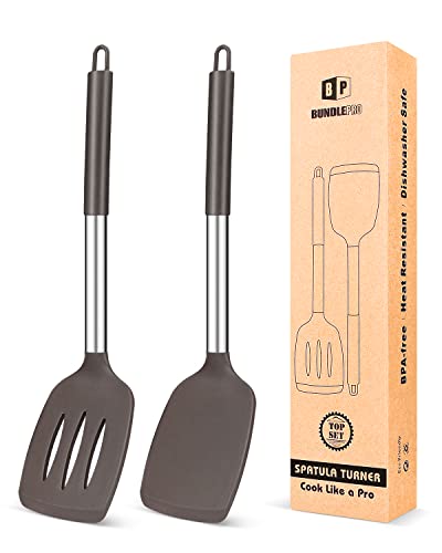 Pack of 2 Silicone Solid Turner,Non Stick Slotted Kitchen Spatulas,High Heat Resistant BPA Free Cooking Utensils,Ideal Cookware for Fish,Eggs,Pancakes - Chocolate