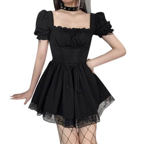 IKADEX Women Gothic Dress Vintage Lace Grunge Punk Goth Dresses Casual Cosplay Party Cocktail - #B: Black Short Sleeve Medium