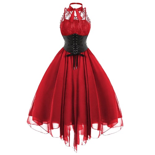 Women's Sleeveless Gothic Lace Dress with Corset Halter Lace Swing Cocktail Dress - Red Medium