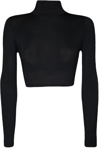 Womens Turtleneck Crop Long Sleeve Plain Top-Thin Fabric - Medium-Large Black