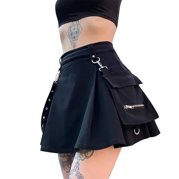 Ruolai Goth Black Pleated Mini Skirt with Chain High Waisted Tennis Skirt