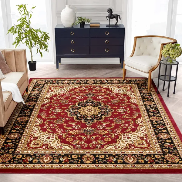 Noble Medallion Red Persian Floral Oriental Formal Traditional Area Rug (9'3" x 12'6") Easy to Clean Stain Fade Resistant Shed Free Modern Contemporary Transitional Soft Living Dining Room Rug
