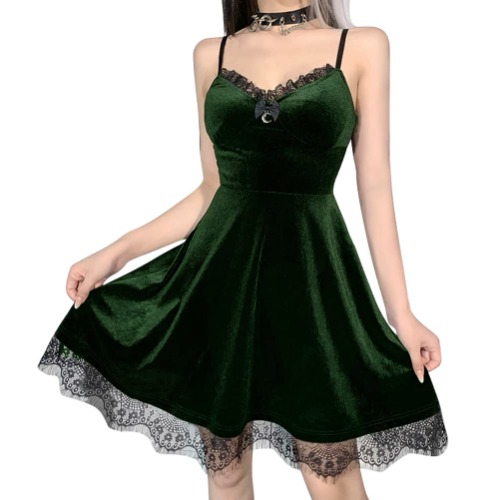 IKADEX Women Gothic Dress Vintage Lace Grunge Punk Goth Dresses Casual Cosplay Party Cocktail - #C: Green Medium