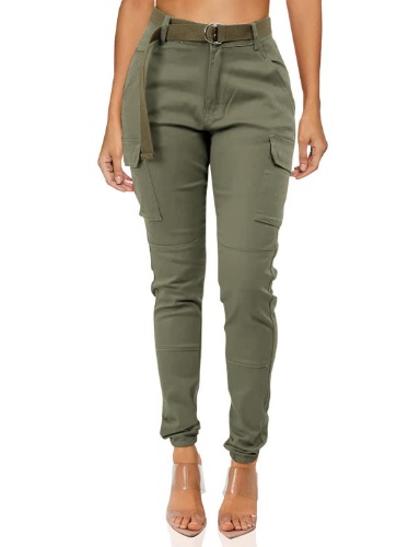 TwiinSisters Women's High Waist Slim Fit Jogger Cargo Camo Pants for Women with Matching Belt - Small Olive #Rjj2048