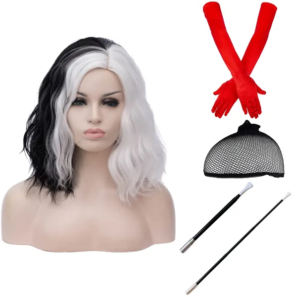Cying Lin Short Bob Wavy Curly Wig Lady Costume Black and White Wig For Women Cosplay Halloween Wigs Heat Resistant Bob Party Wig Include Wig Cap (Black and White)