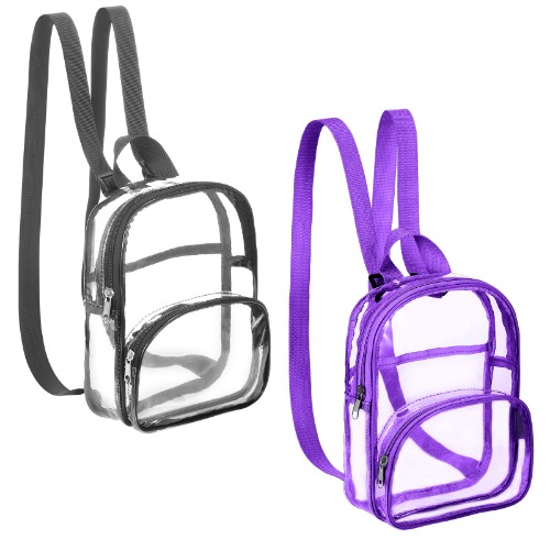 2 Small Clear Backpack Clear Mini Backpack Stadium Backpack Waterproof Transparent Backpack for School Sports Travel (Purple, Gray) - Purple, Gray