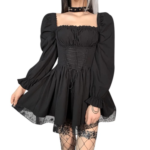 IKADEX Women Gothic Dress Vintage Lace Grunge Punk Goth Dresses Casual Cosplay Party Cocktail - #B: Black Long Sleeve Medium