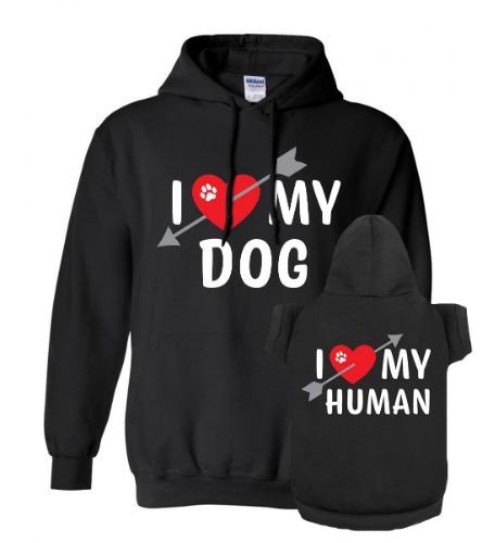 Apparelyn Cute I Heart My Dog I Heart My Human Matching Pet and Owner Hoodie Sweatshirt Set - M Human | M Dog Black