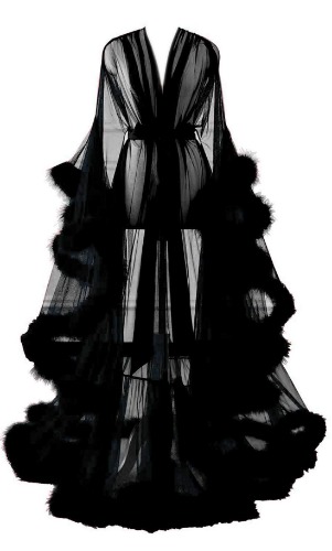 Changuan Sexy Feather Robe Long Fur Tulle Maternity Photoshoot Bridal Robe Lingerie Sleepwear - Small-Medium Black