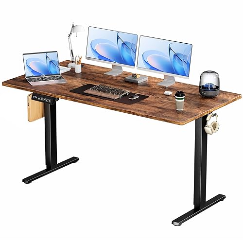 SMUG Standing Desk, Adjustable Height Electric Sit Stand Up Down Computer Table, 63x24 Inch Ergonomic Rising Modern Lift Motorized Gaming Desktop Workstation for Work Home Office - Brown - Brown - 63*24