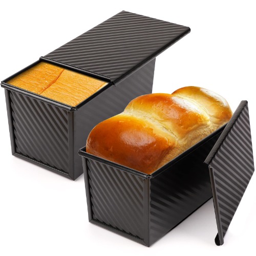 Beasea Pullman Loaf Pan 2 Pack, 1 lb Non-Stick Bread pan With Lid Carbon Steel Corrugated Bread Toast Box Mold With Cover For Bakeware Bread, Baking Tools Bread Mold Toast For Oven Baking - 2pcs Black, 1lb
