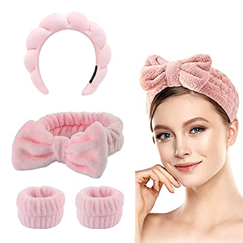 Spa Headband for Women, 4 Pcs Headband for Washing Face, SPA Skincare Makeup Remover Spa Headband Wristband (Pink) - Pink