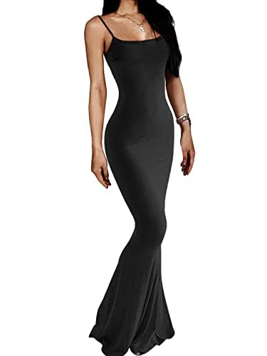 AnotherChill Women's Casual Lounge Slip Long Dress Sexy Sleeveless Backless Bodycon Maxi Dresses 2023 Summer Slim Elegant, Black, Large