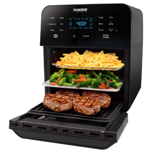 NUWAVE Brio Air Fryer Smart Oven, 15.5-Qt X-Large Family Size, Countertop Convection Rotisserie Grill Combo, SS Rotisserie Basket & Skewer Kit, Reversible Ultra Non-Stick Grill Griddle Plate Included - 15.5-Quart Black Air Fryer