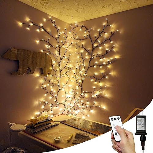 2Pcs Enchanted Willow Vine Lights with Remote, Christmas Swags Decorations Indoor Room Decor, 18 Branches 144 LEDs Lighted Willow Vine Lights for Walls Bedroom Home Decor - Brown-2pcs