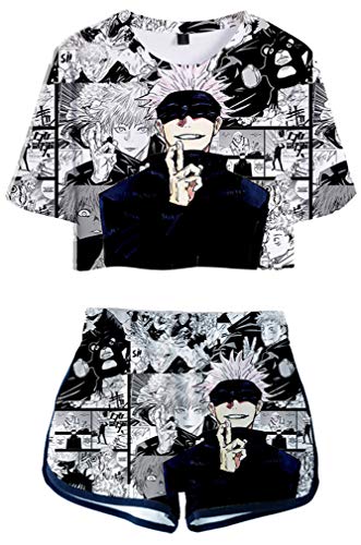 AMOMA Women Girls Anime Cosplay Sukuna Itadori 3D Printed Crop Top and Shorts Two Pieces Sets Tracksuit - Small - Comics Blue