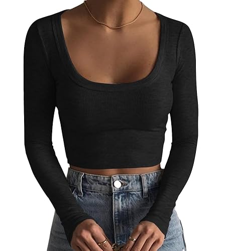 Square Neck Long Sleeve Ribbed Slim Fitted Casual Basic Crop Top - Small - Black