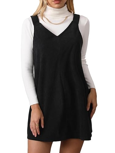 Milumia Women V Neck Corduroy Pinafore Overall Mini Dress Jumper Dress - X-Small - Black Plain